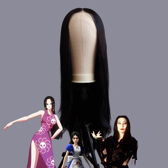 Lace front - Fekete hosszú frufru nélküli cosplay paróka