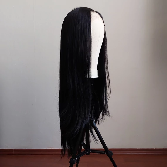 Lace front - Fekete hosszú frufru nélküli cosplay paróka