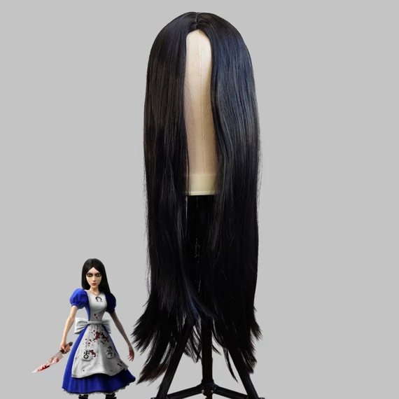 Fekete hosszú frufru nélküli cosplay paróka